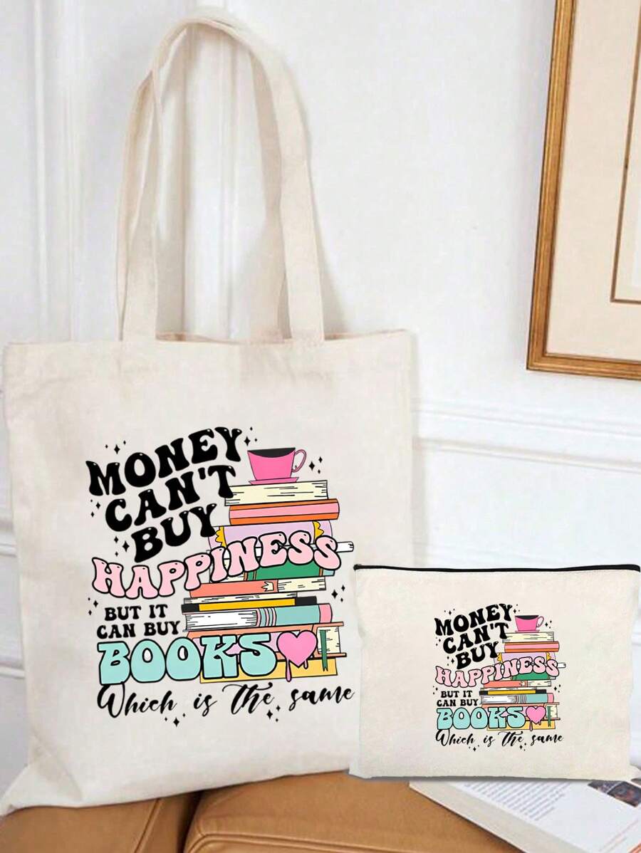 Love Book Pattern Printing Cosmetic Bag/Shoulder Bag - Combo Bag, Travel Makeup Gift Bag, But It Can Buy Books Print Shopping Bag, Shoulder Bag,Cloth Bag, Shopping Handbag, Shoulder Bag, Large Capacity Tote Bag, Minimalist Handbag