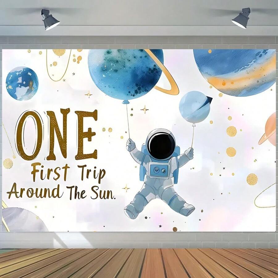 1pc Reusable Polyester Space Themed Backdrop Banner, "First Journey Around The Sun" Astronaut And Planet Design, Suitable For Birthday, Anniversary, Home Decor, Indoor And Outdoor Use, Space Decoration