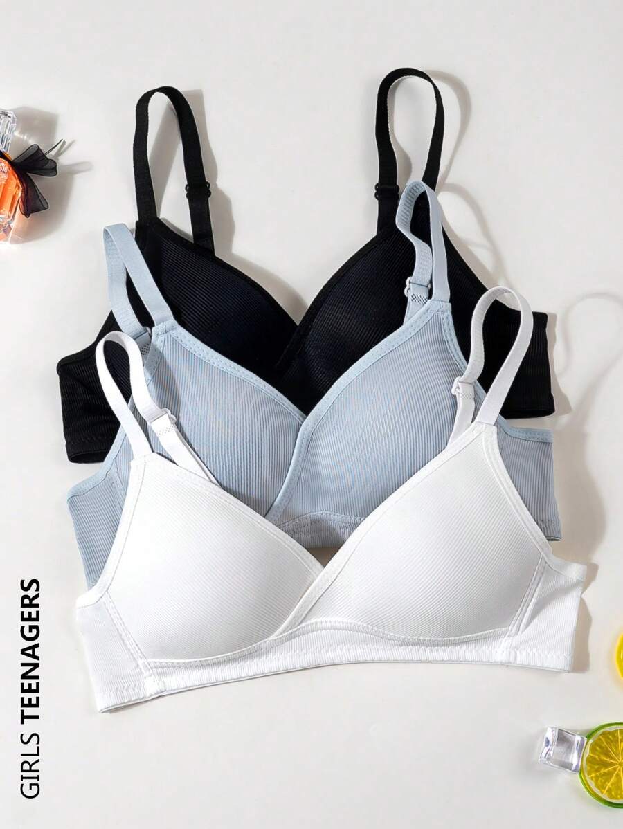 3 piezas Ropa interior simple y femenina para niñas adolescentes con copa triangular sólida, adecuada para edades de 13 a 16 años