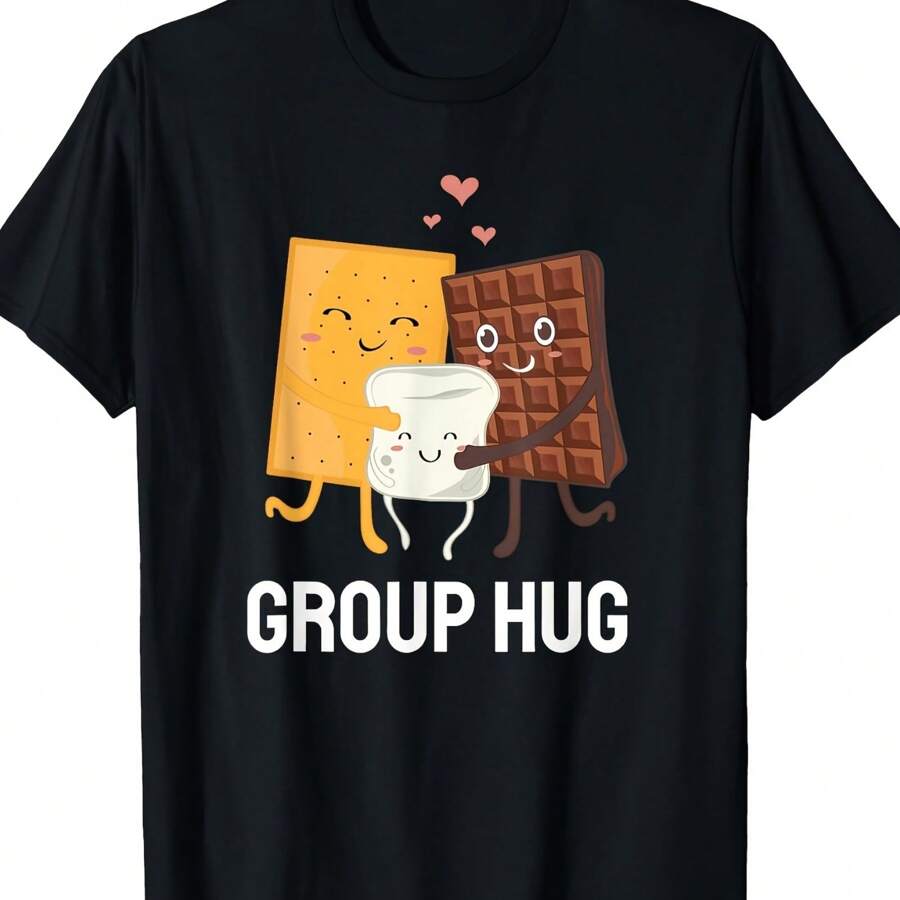 1pc Men's Casual Crew Neck T-Shirt With S'mores Group Hug Graphic, All-Season Comfort, Regular Fit, Short Sleeve, Knit Fabric, Digital Heat Transfer - Black, Casual Wear Whimsical Design