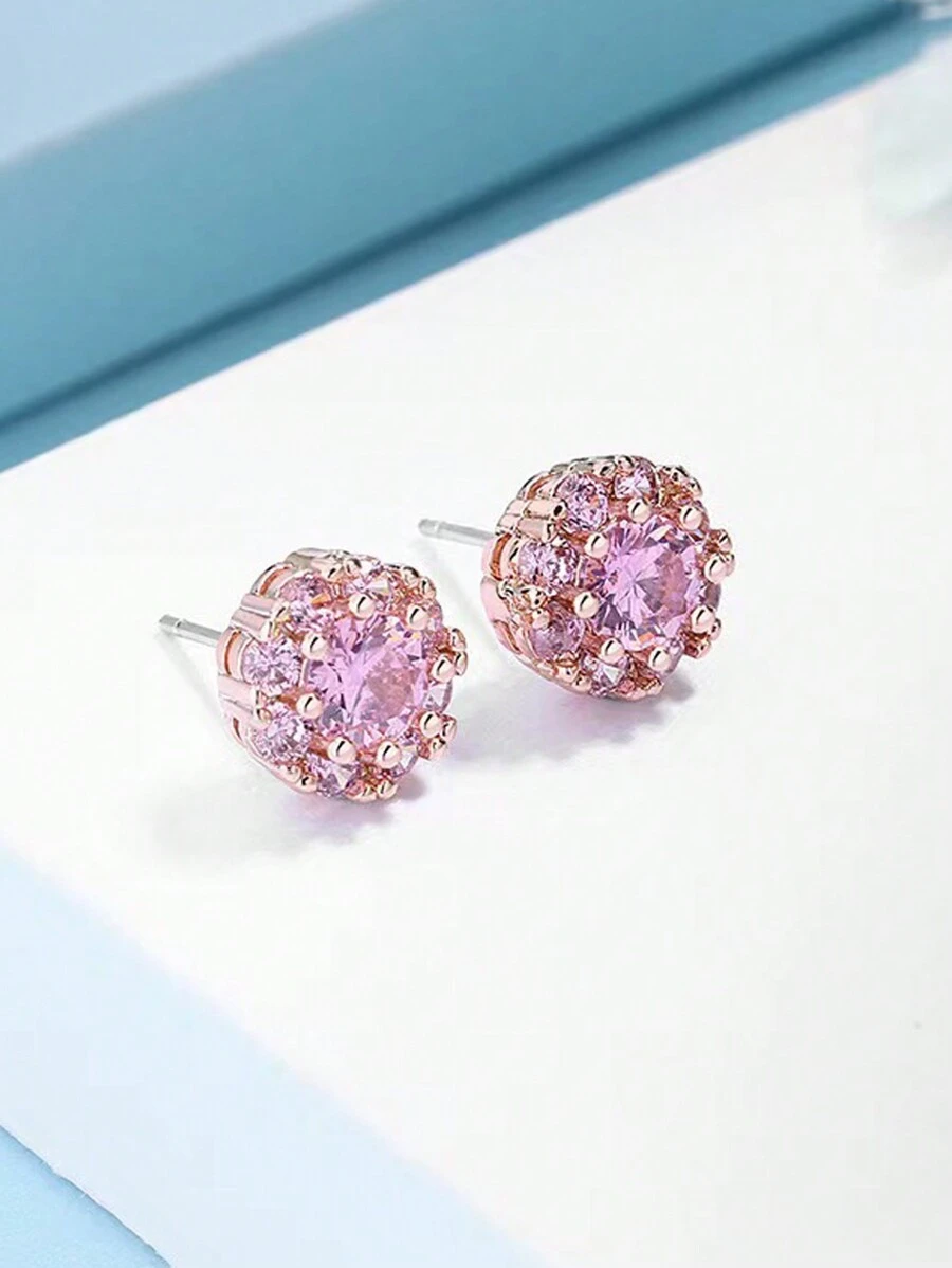 1 Pair Minimalist Diamond-Encrusted Pink Stud Earrings, Elegant Design For Women, Spring Versatile Accessory And Gift