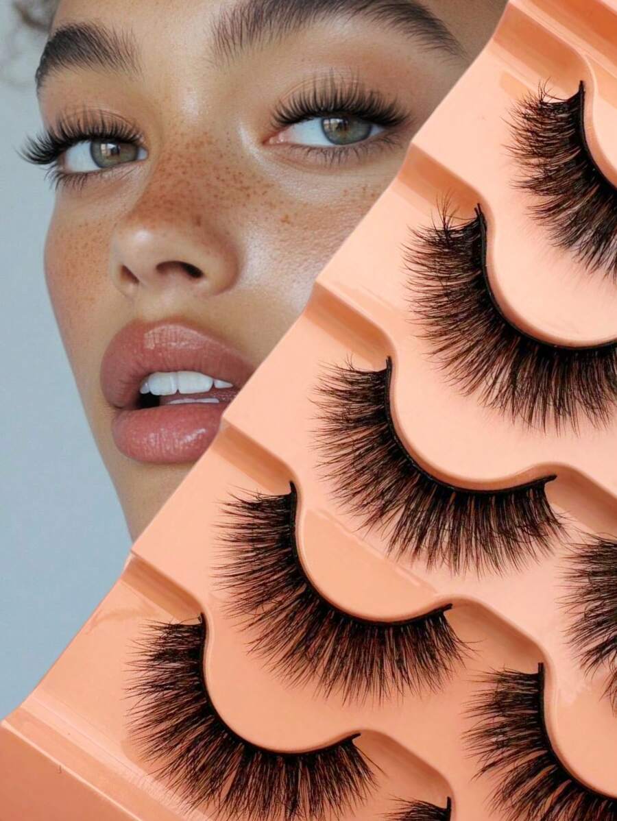 5 Pairs Of Thick And Curly False Eyelashes, D-Curled Eyelashes, Natural Three-Dimensional Fluffy Eyelashes, Slender And Elegant Eyelashes, Eyelash Extensions, Faux Mink Eyelashes. Suitable For Daily Work, Parties, And Travel.