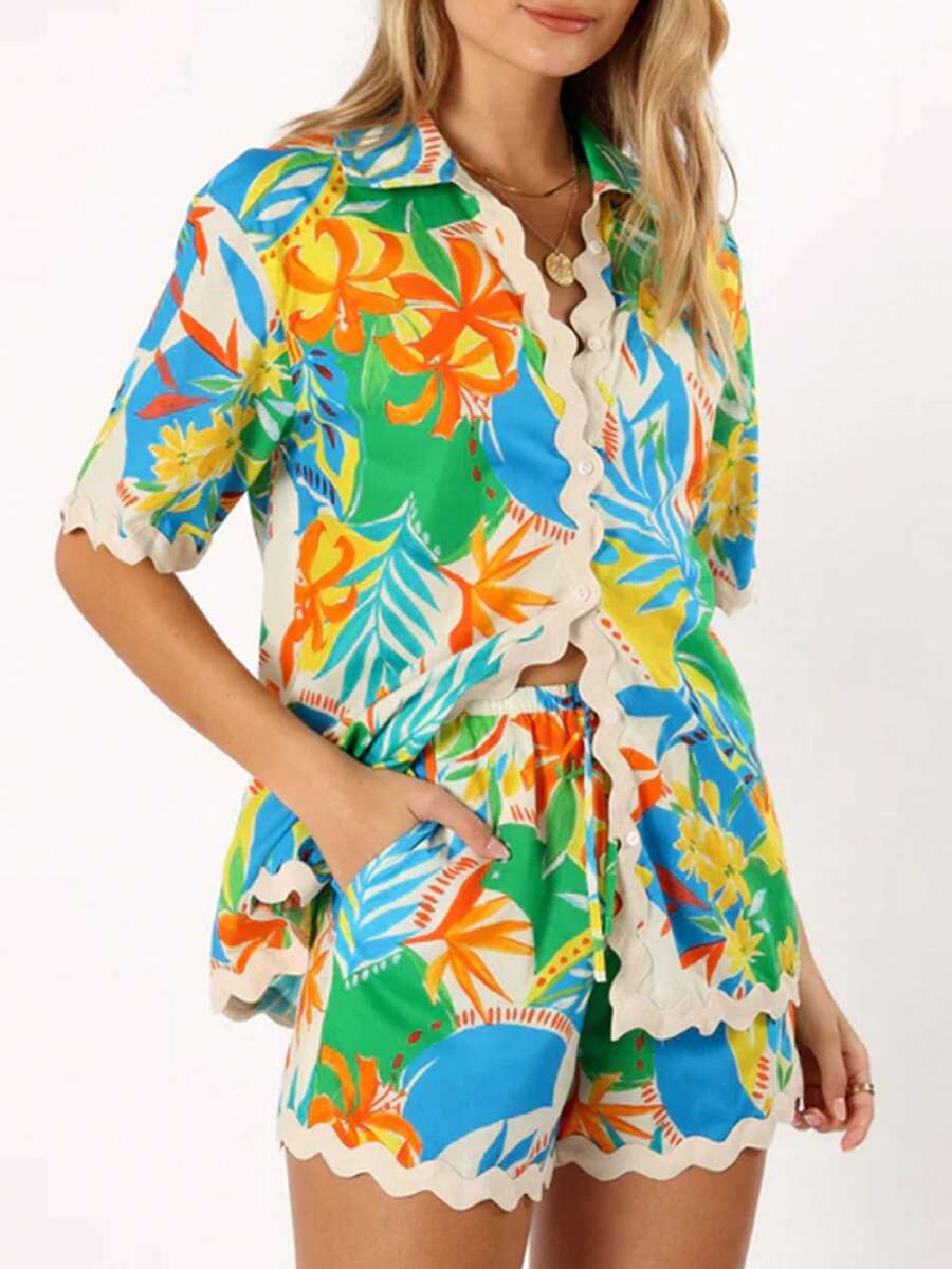 Womens Casual 2 Piece Outfits Short Sleeve Leaf Print Shirt + Drawstring Shorts Set Beachwear