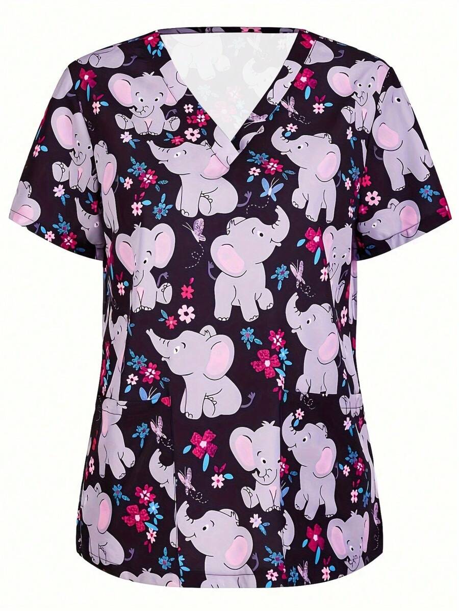 Plus Size Women's Digital Printed Stretchy Sporty Nurse Uniform/Hand-Washing/Work Pocket Scrub Top