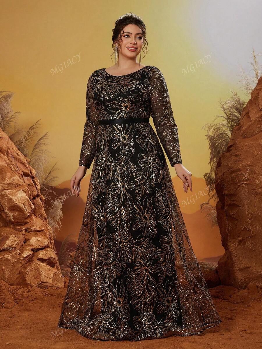 Plus Size Mgiacy Round Collar Contrast Sequin Long Sleeve High-End Evening Dress, Party Dress, Wedding Guest Dress, Formal Dress