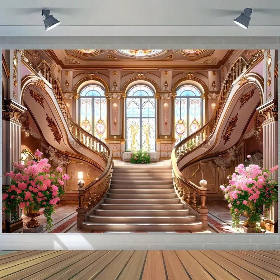 1 pièce Toile de fond de bannière en polyester avec un escalier de château luxueux et des fleurs, parfaite pour un photobooth, un anniversaire, une fête, des fournitures et une décoration pour les vacances, convient pour une utilisation intérieure et extérieure