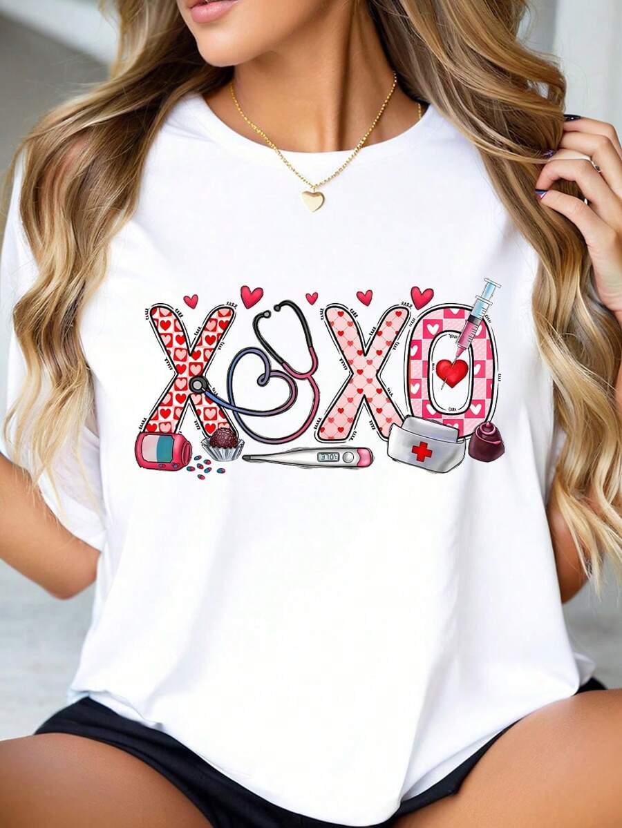 Women's Funny Valentine's Day Nurse Graphic T-Shirt For Ladies Soft Stylish Casual Short Sleeve Crew Neck Top