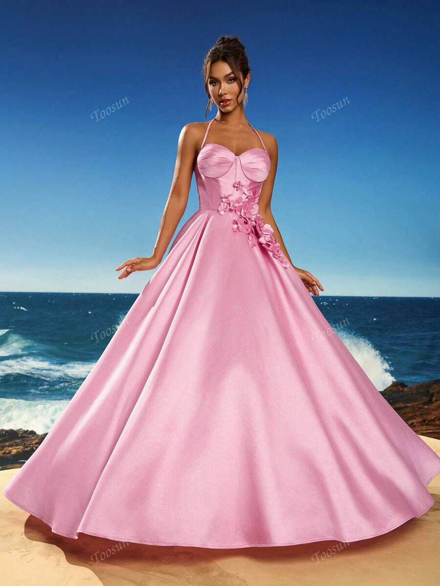 Toosun Women Elegant Solid Color 3D Floral Decor Backless Halter Formal Evening Gown, Party Dress, Wedding Guest Dress, Evening Dress