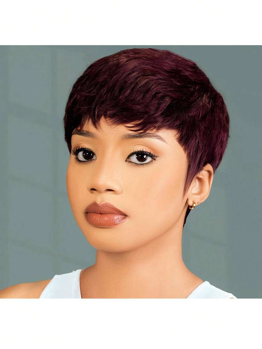 99J Pixie Cut Human Hair Wig 4-Inch 180% Density 99J Brazilian Remy Human Hair Wigs Glueless Human Hair Short Straight Style Hair Soft & Breathable Perfect For Parties And Daily Wear