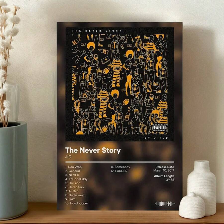 Framed 1pc JID "The Never Story" Album Art Print - Hip Hop Canvas Wall Art, Rapper Poster, Ideal For Bedroom & Living Room Decor, Music Wall Decor