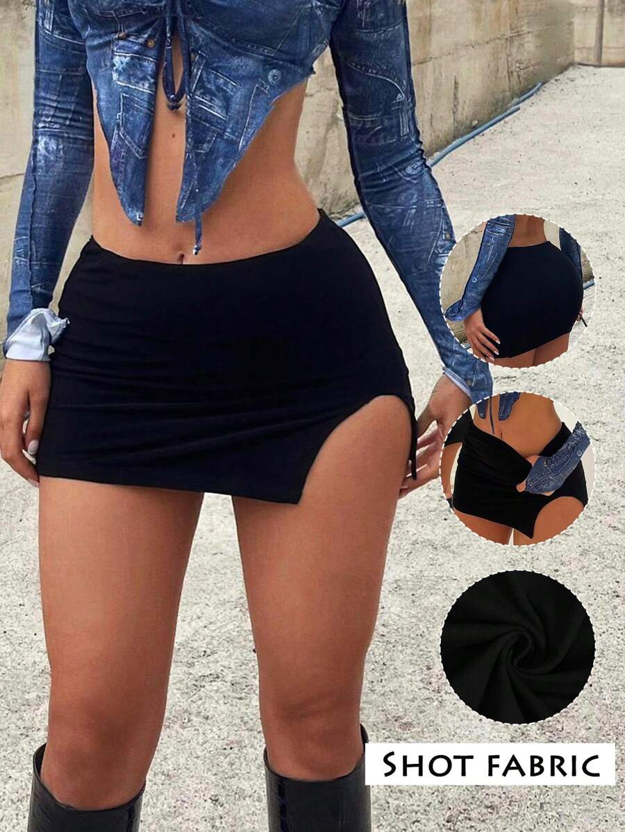 Falda de corte slim con abertura en el bajo, unicolor y estética sexy, para el verano