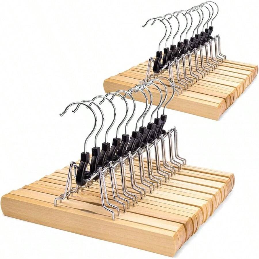 Wooden Pants Skirt Hangers, Smooth Finish Solid Wood Non Slip Jeans Slack Clamp Hangers Hair Extension Hangers(20Pcs Natural)…