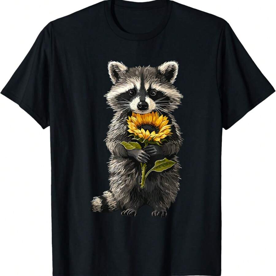 Raccoon Holding Sunflower Cute Flower Mothers Day T-Shirt