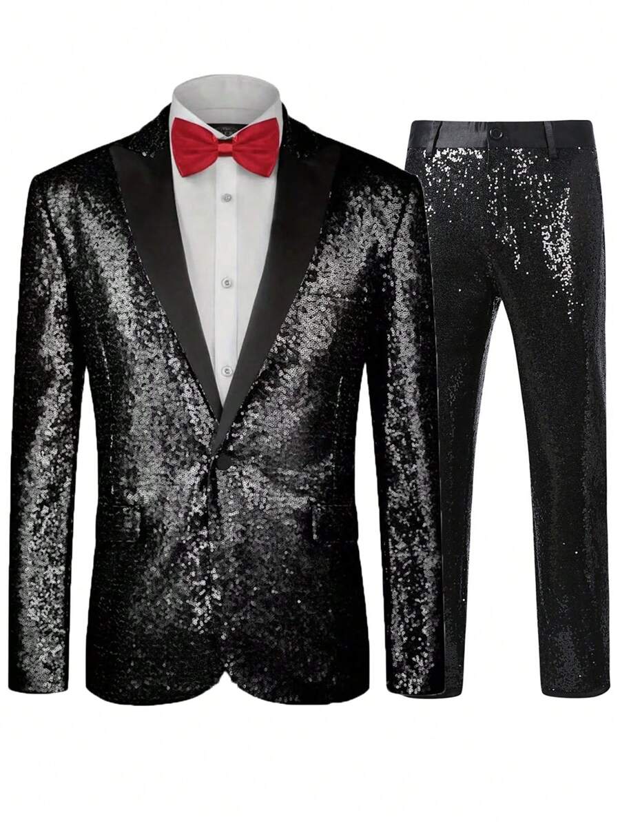 2pcs Shiny Suit Set: Blazer And Trousers, Stage Performance, Hosting, Photography Outfit