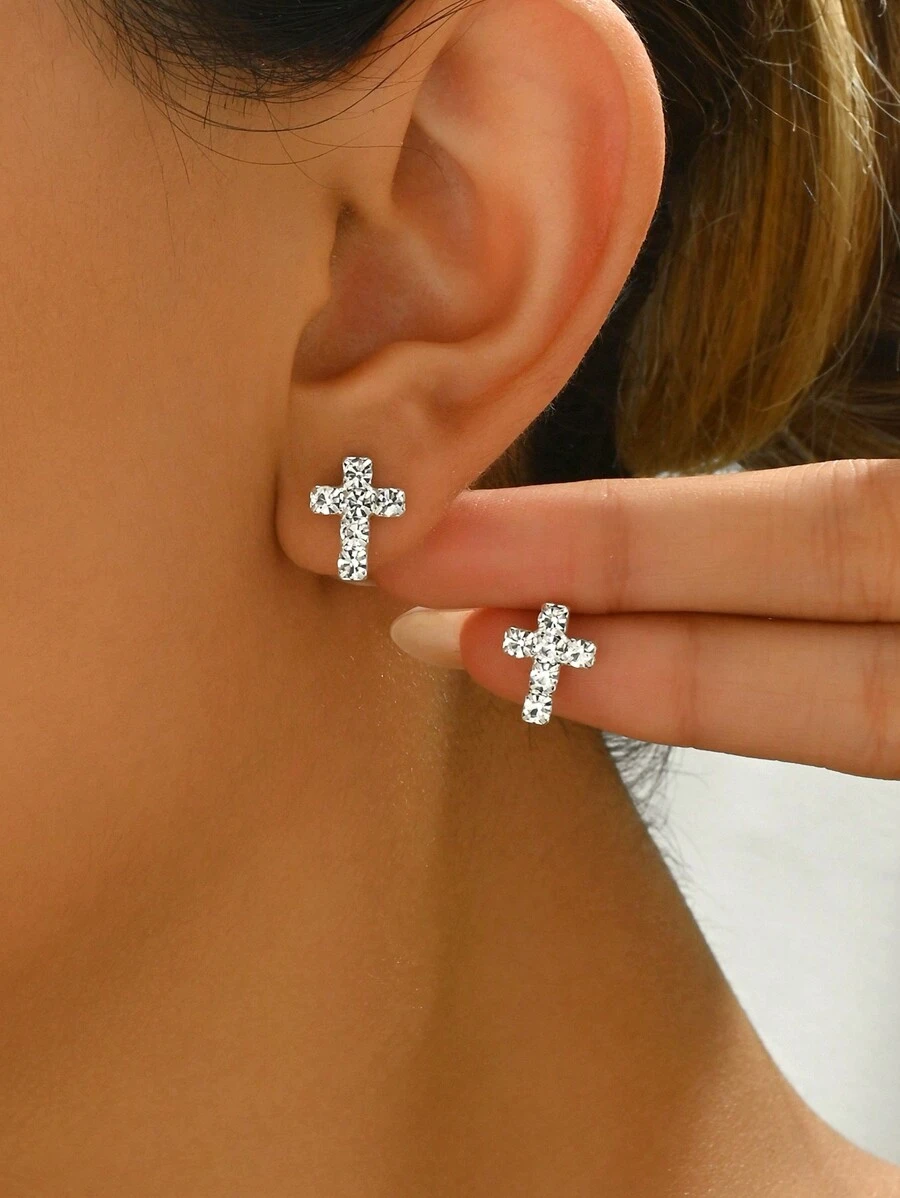 1 Pair Minimalist Fashion Elegant Sparkling Diamond Cross Stud Earrings, Versatile For Daily Wear