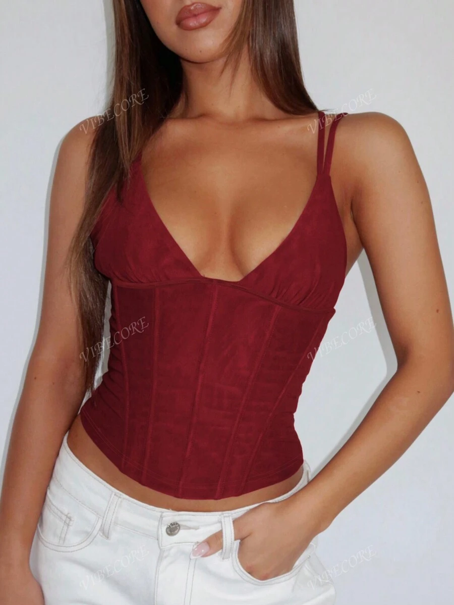 Top corto da donna alla moda, sexy, aderente, con scollo a V, adatto per primavera, estate, feste, uscite, vacanze e uso quotidiano