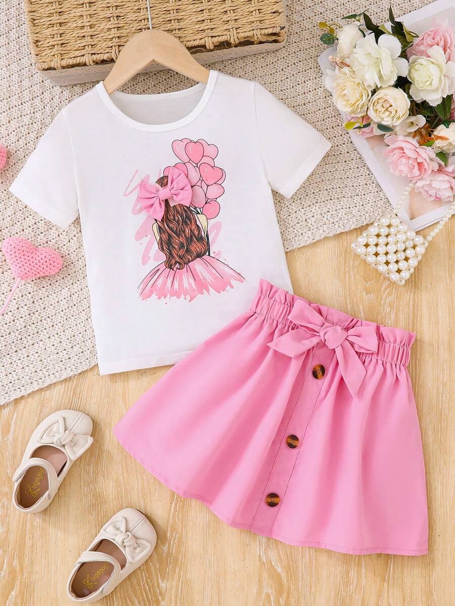 Set de 2 piezas de top de manga corta blanco con estampado de dibujos animados y falda rosa, apropiado para vacaciones, fiestas, tiempo libre y verano