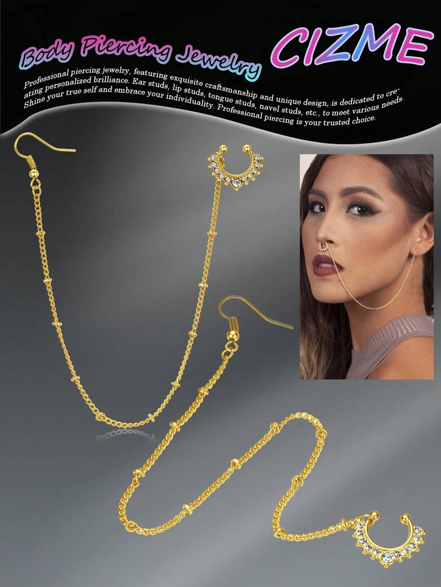 CIZME 1Pc/Set Fake Septum Rings Septum Piercing Nose To Ear Chain Jewelry Rhinestone-Stud Dangle Nose Chain Piercing Jewelry Faux Nose Ring Chain Non Pierced Clip On Dangle Septum Earrings For Women