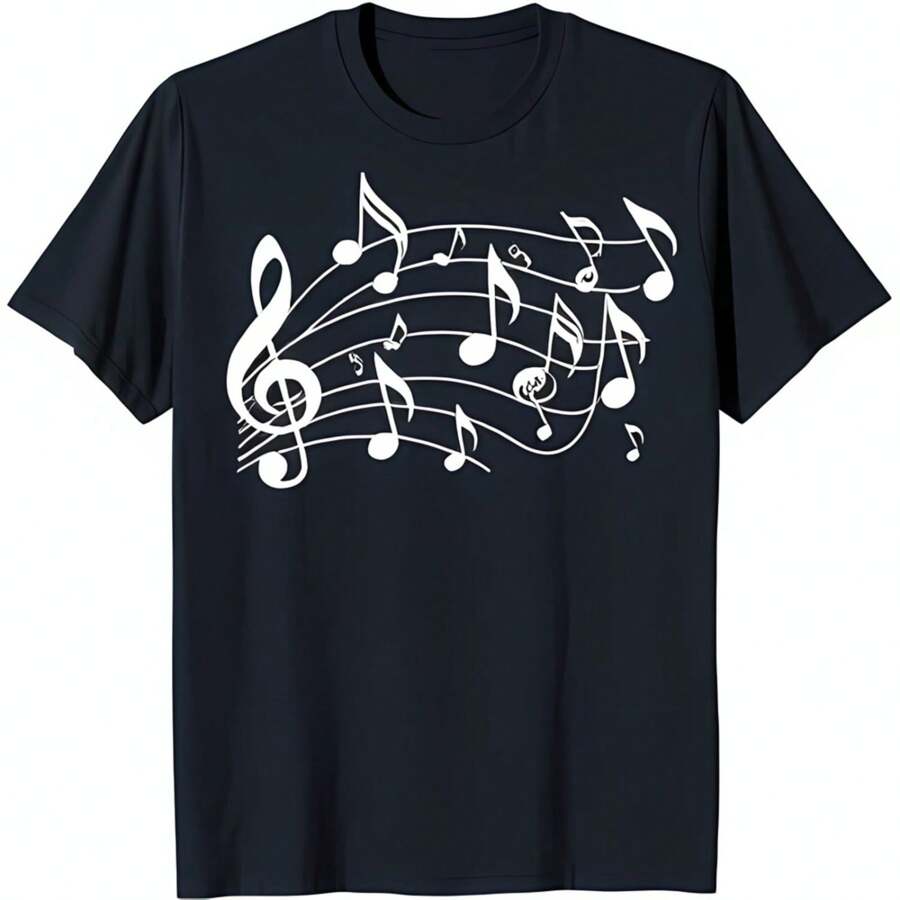 Stylish T-Shirt With White Musical Notes & Treble Design For Music Lovers