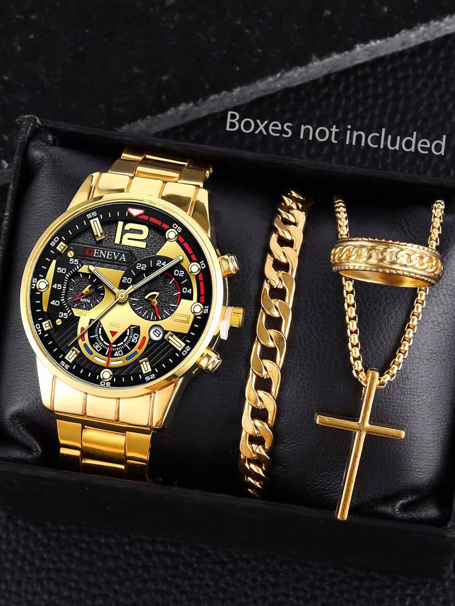 Juego de 4 piezas: Reloj de cuarzo con puntero minimalista y redondo dorado, collar con colgante de cruz dorado, anillo y pulsera, un regalo versátil para uso diario