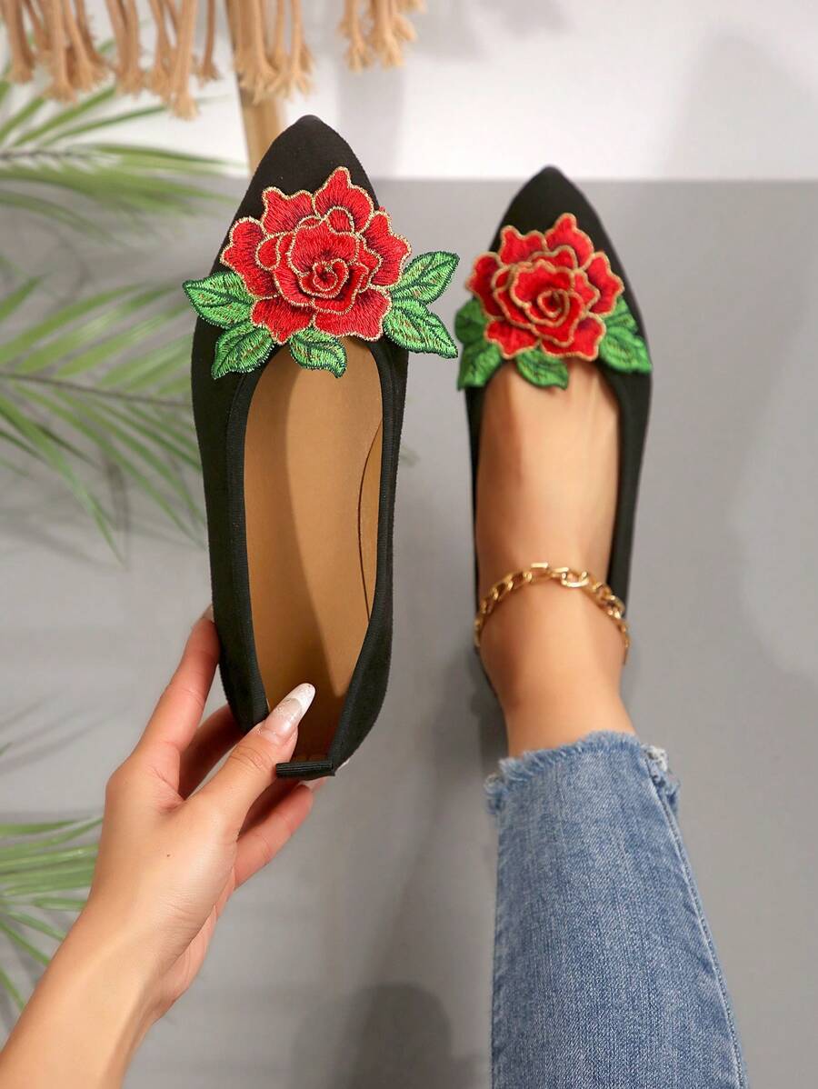 Zapatos planos decorados con flores para mujer, zapatos casuales ligeros de punta afilada para caminar