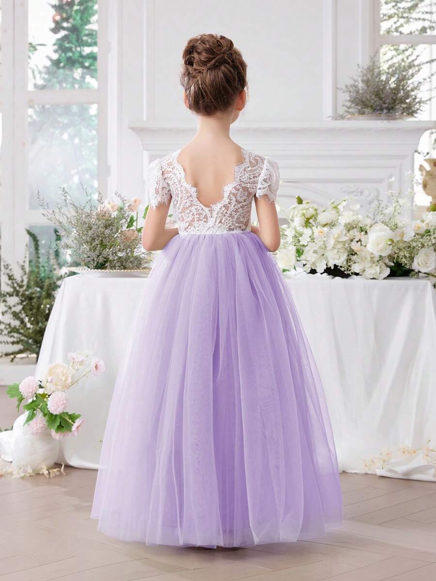 Young Girl Lace Trim V-Neck Mesh Princess Dress, Suitable For Birthday Party, Valentine's Day Gift, Prom, Party, Important Occasions, Holiday Celebration, Stage Performance