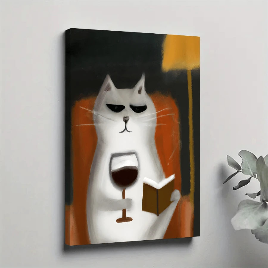 1pc Framed Canvas Poster, Cat Wine Funny Wall Art Canvas Paintings, Ideal Gift For Bedroom Living Room Corridor, Wall Art, Wall Decor, Winter Decor, Room Decoration