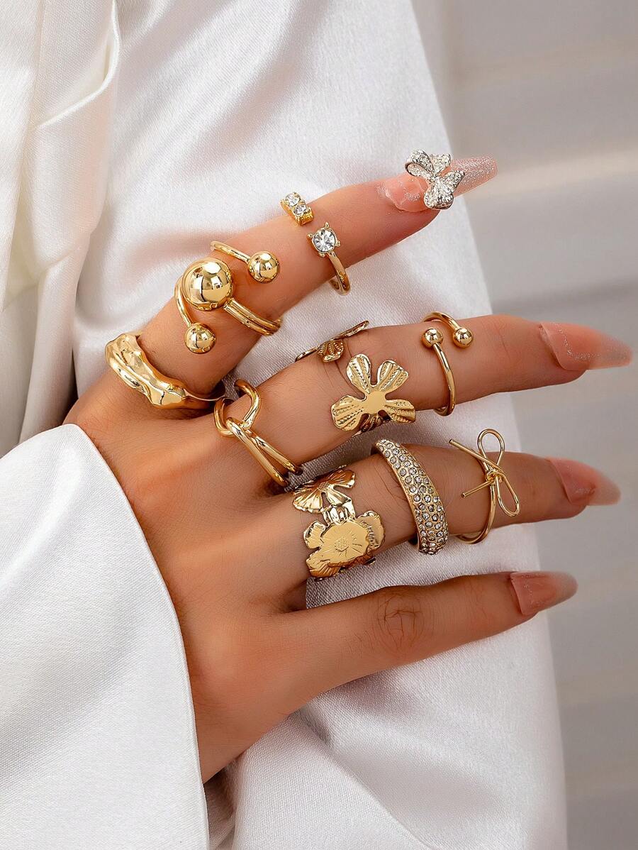 9 piĂšces Ensemble de bagues, bague nĆud couleur dorĂ©e, bague boule Ă bulles, bague fleur, ensemble de bagues empilĂ©es