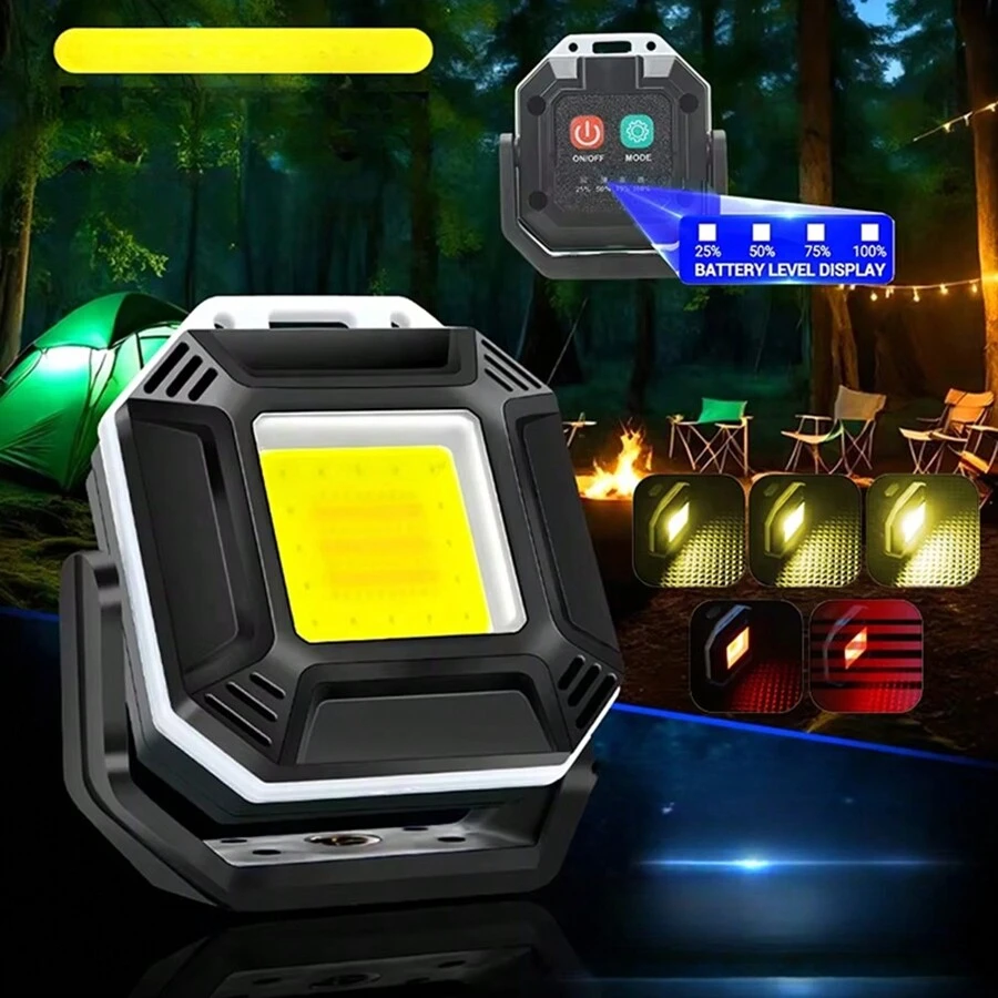 1 pièce Lampe de travail COB avec chargement Type-C, 3 sources de lumière, porte-clés lampe de poche multifonction portable pour le camping en extérieur