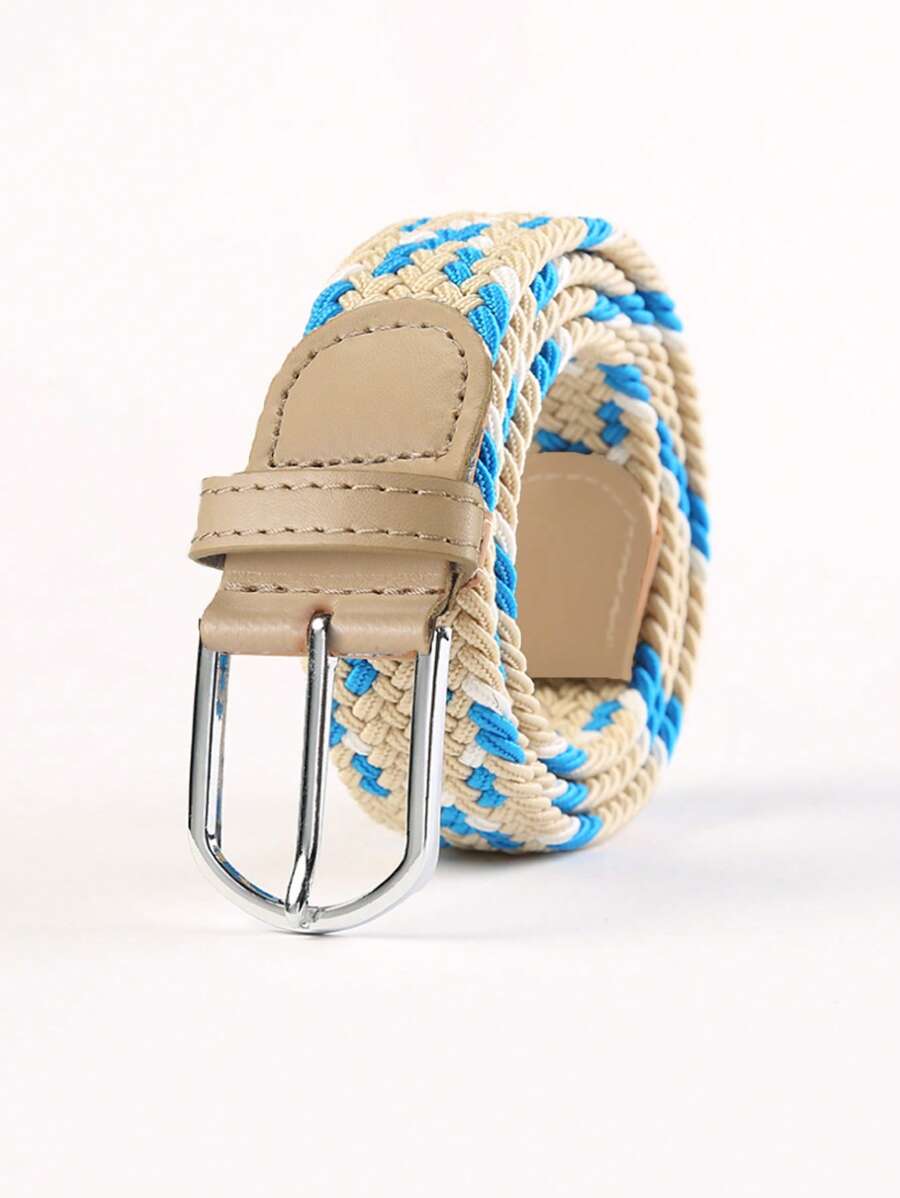 1pc Ivory Blue Woven Elastic Casual Belt For Men With Alloy Buckle, Stretchable Canvas Fashion Belt For Women No-Drill