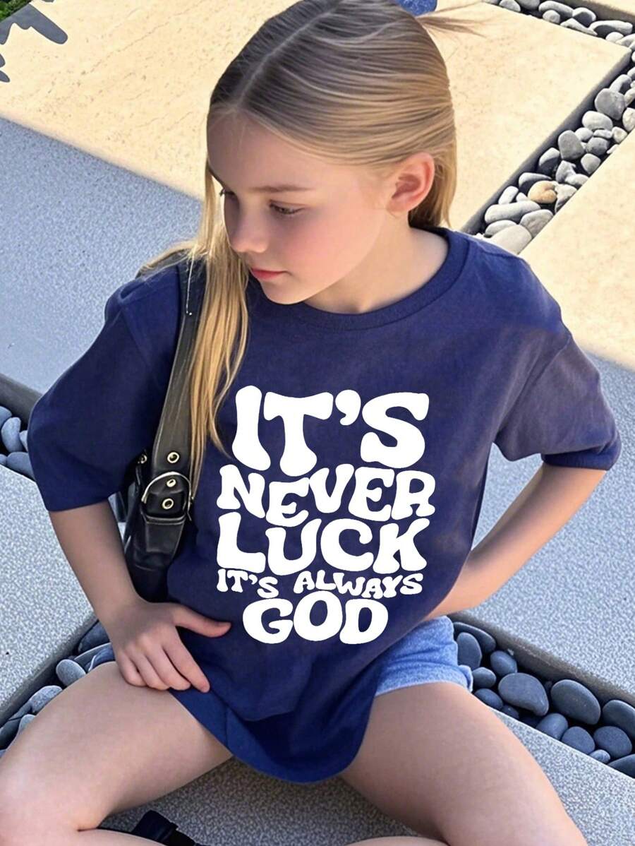 1pc Tween Girls English Text Print Crew Neck Short Sleeve T-Shirt, Blue, Student & Young Casual Comfy & Fashionable Summer Top
