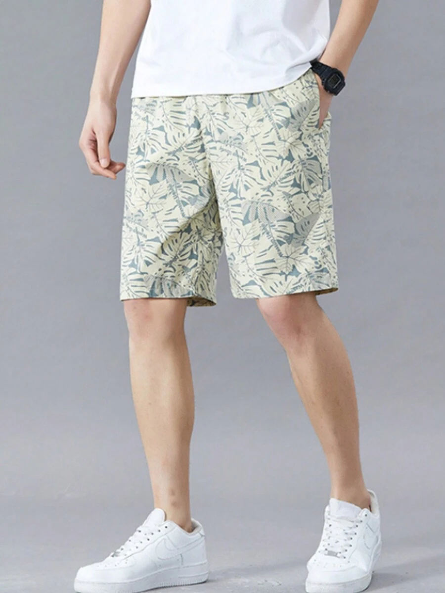 tooluck Summer Men's Large Size Small Print Loose Shorts Casual 100% Cotton Beach Shorts