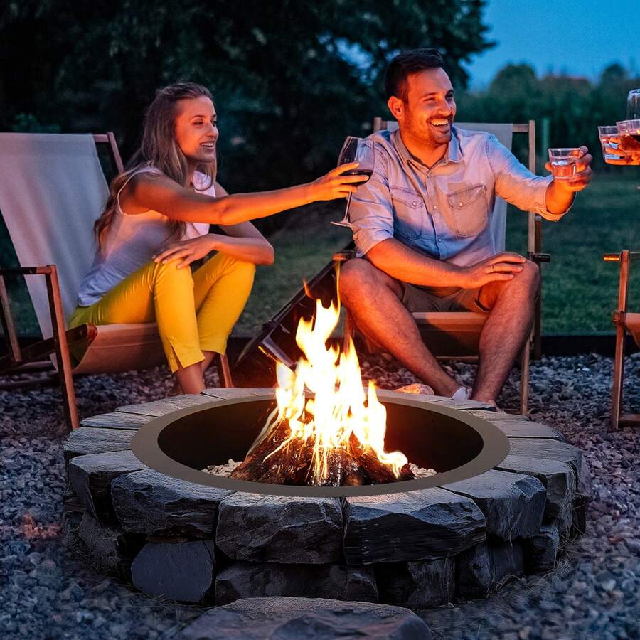 SKYSHALO Fire Pit Ring, 35-45-Inch Outer/30-39-Inch Inner Diameter, 8.5 Or 10inch Height Round, Square Or With Barbecue Fire Pit Insert, Carbon Steel Liner DIY Campfire Ring Above Or In-Ground, For Outdoor Camping, Bonfires