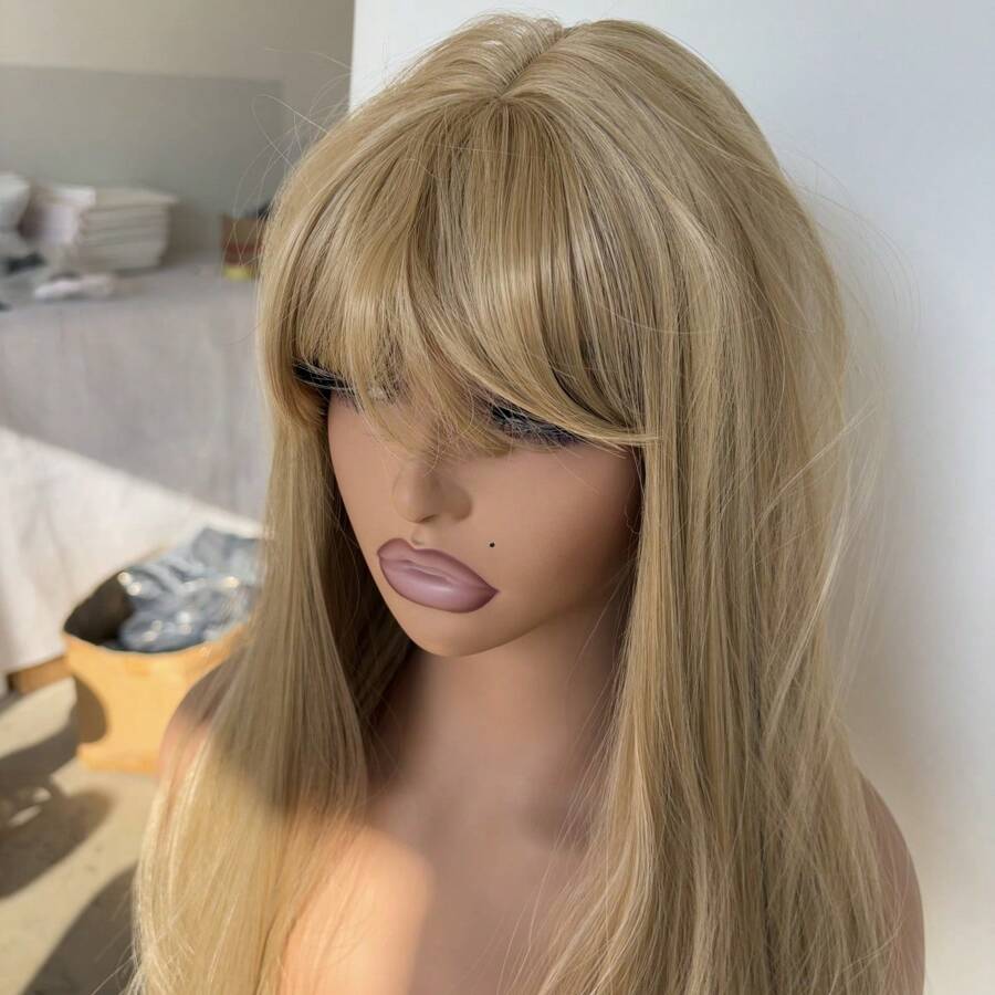 For Party Soft Layered Daily Wear Blended Blonde Dress Up Wigs Wear And Go Wig Rose Mesh Net With Bangs Synthetic Hair Long Straight Natural