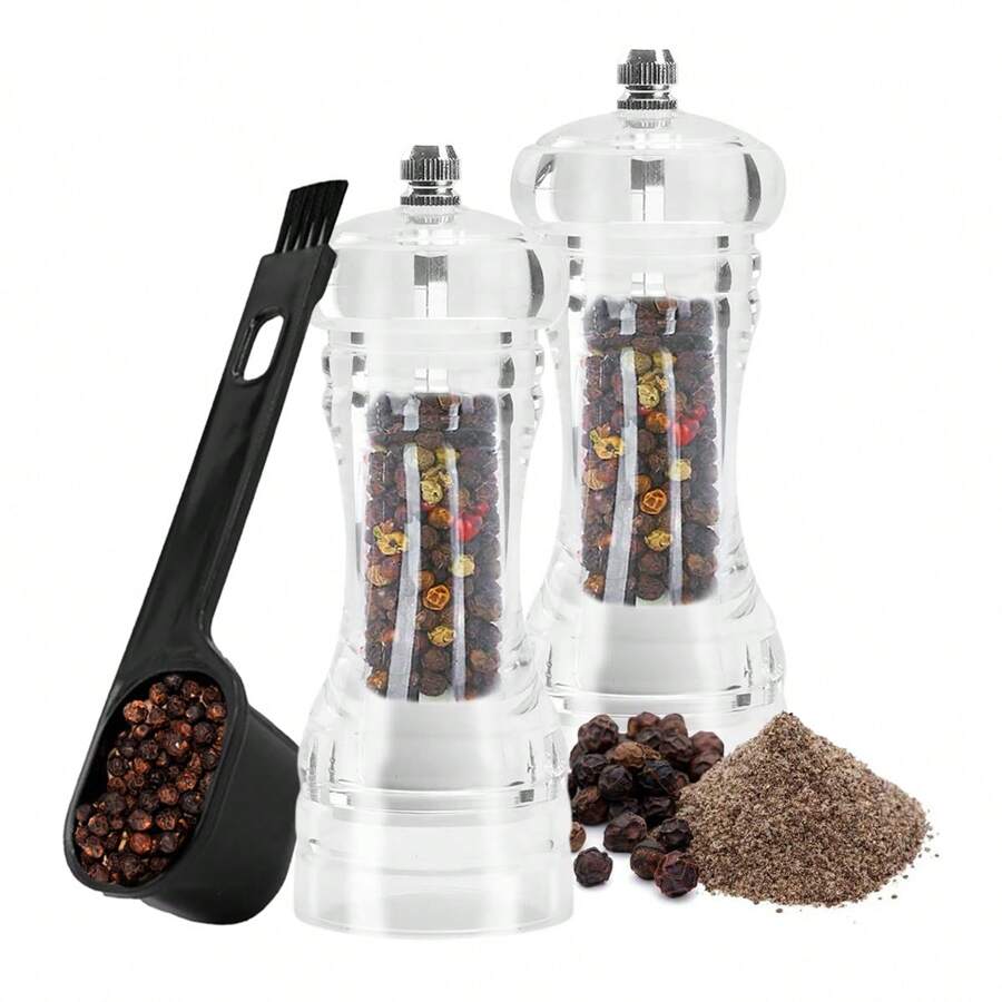 2 Packs Acrylic Salt And Pepper Mill With 2-In-1 Clean Brush, Manual Pepper Mill And Salt Shaker With Adjustable Coarseness And Ceramic Grinding Burr, Used For Pepper, Cumin, Sea Salt, Dry Pepper, Kitchen Gadgets For Home, Restaurant, Camping