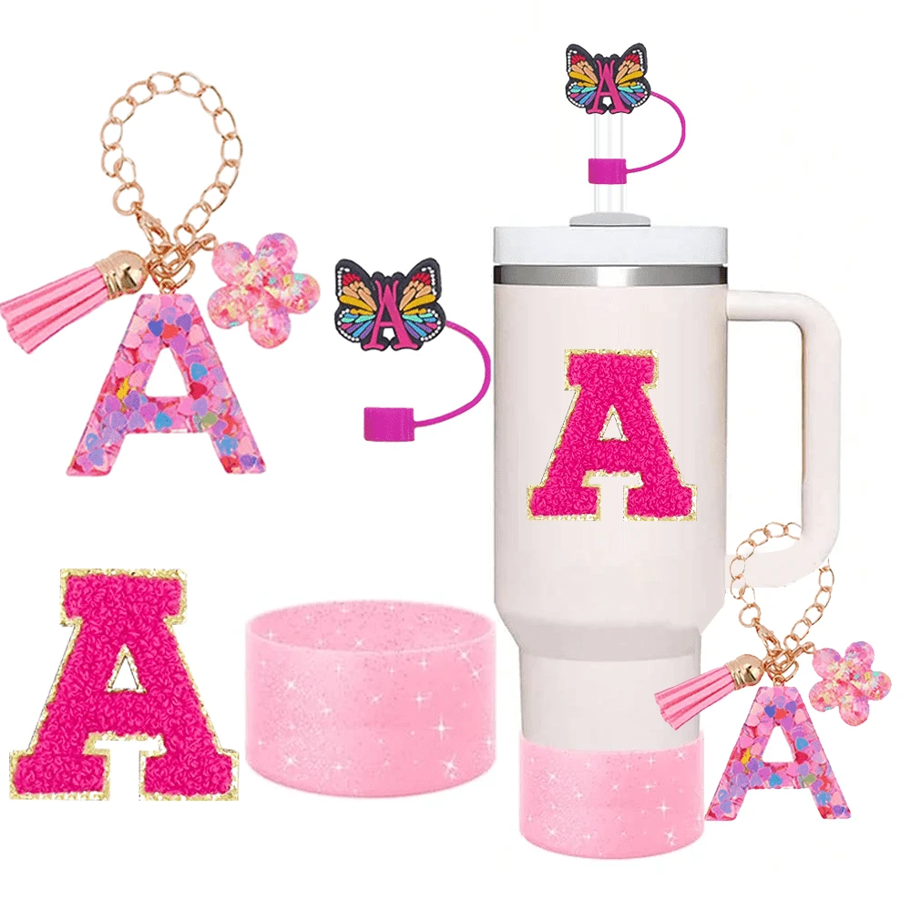 A-Z 4pcs Cup Accessories Set - Accessories Set 1pc Straw Cap ,A Letter Pendant, A Shiny Silicone Water Cup Bottom Protective Cover ,A Water Cup Letter Sticker(Water Cup Letter Chain, Randomly Send One Of Two Colors)