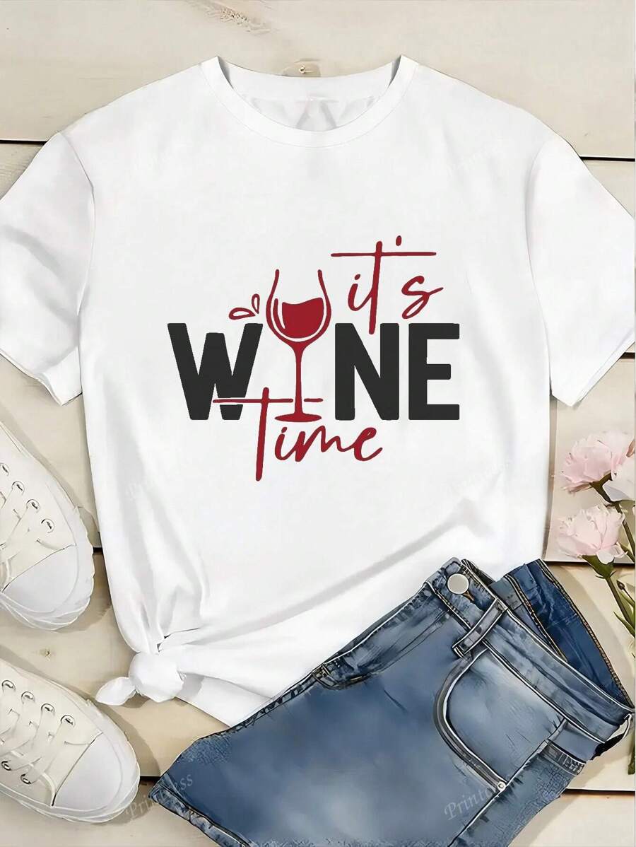 T-shirt casual ample à col rond avec imprimé de verres à vin et lettres