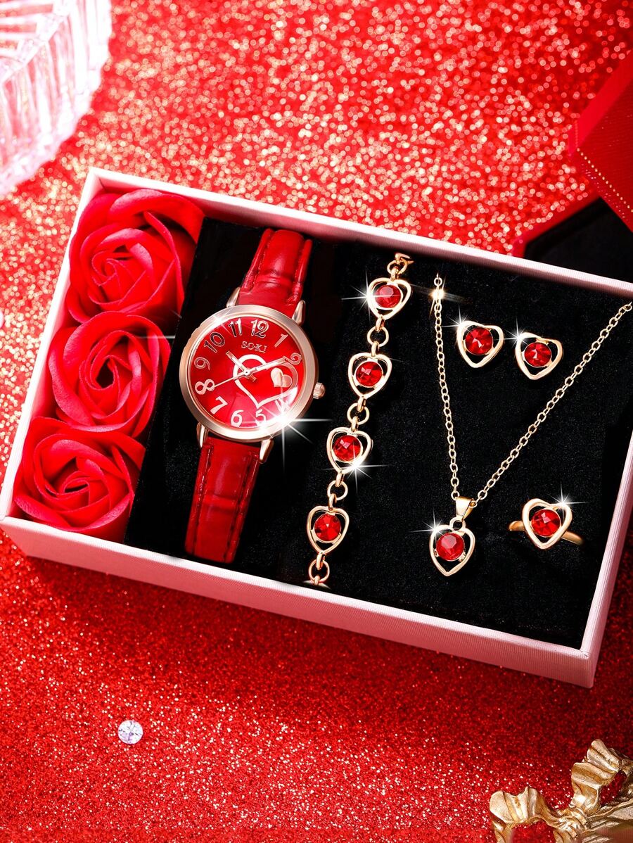 6-teiliges Damen Uhr Set mit modischer Lässig Quarzuhr, pfirsichförmigem Ziffernblatt und Halskette, Ohrringe, Armband, Ringe als Schmuckset, geeignet für den täglichen Gebrauch, Schulstart-Saison, Abschlusszeit, Thanksgiving, Paare, perfektes Geschenkset (ohne Uhrenbox)