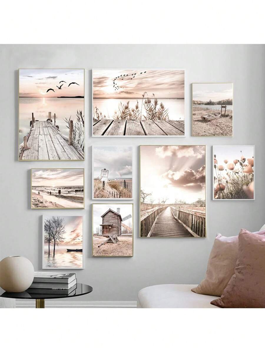 1 pieza Impresión en lienzo de paisaje marino, póster de playa con puente de madera, flor de heno, arte de pared pintura estilo nórdico para decoración de sala de estar sin marco