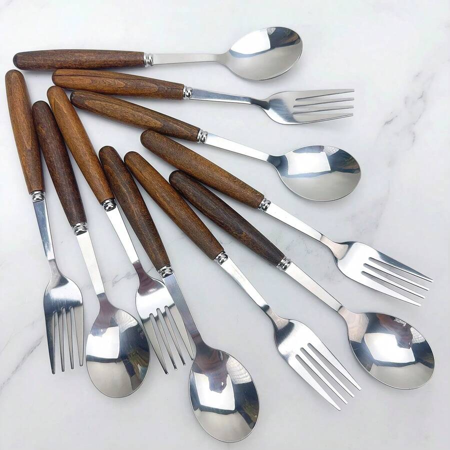 4/6/10-delige roestvrijstalen bestekset met houten handvat, soeplepel en vorkset, 2/10-persoons bestek, zilveren spiegelgepolijste en matte serviesset, geschikt voor restaurants en thuisgebruik, schoolbenodigdheden
