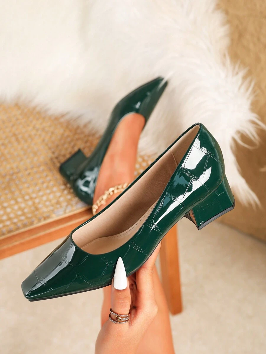 Stylish Simple Square Toe Thick Heel PU Leather Women High Heels Shoes