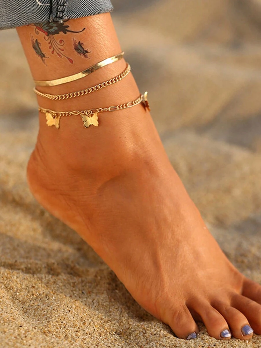 Set de 3 piezas de tobillera con cadena y mariposa de diseño elegante, juego de tobillera y pulsera de cadena gruesa vintage punk, para uso diario de mujeres