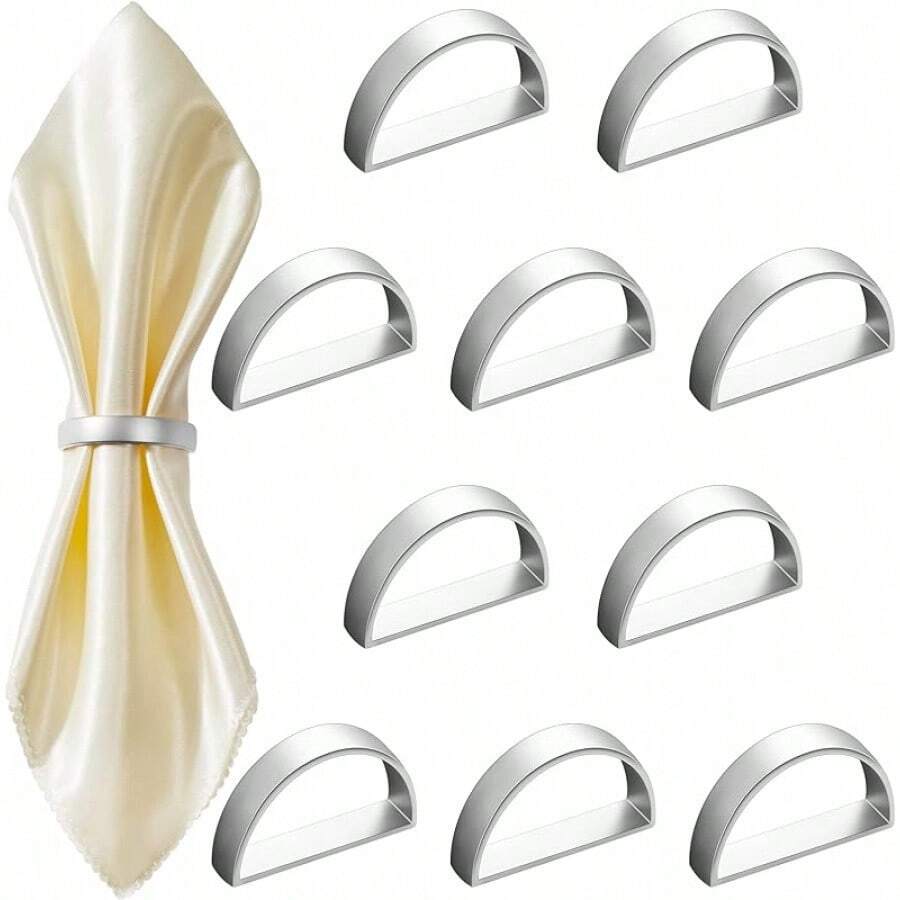 Stainless Steel Napkin Rings Metal Napkin Ring Holders Modern Ring Holder Serviette Buckles Metallic Adornment For Table Settings Kitchen Dinner Party Wedding (Matte Silver Semicircle,10 Pcs)