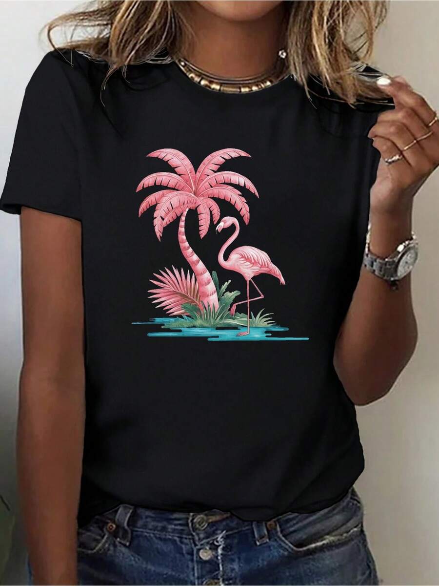 Tropical Flamingo Scene Pure Casual Women's T-Shirt Comfortable Fit