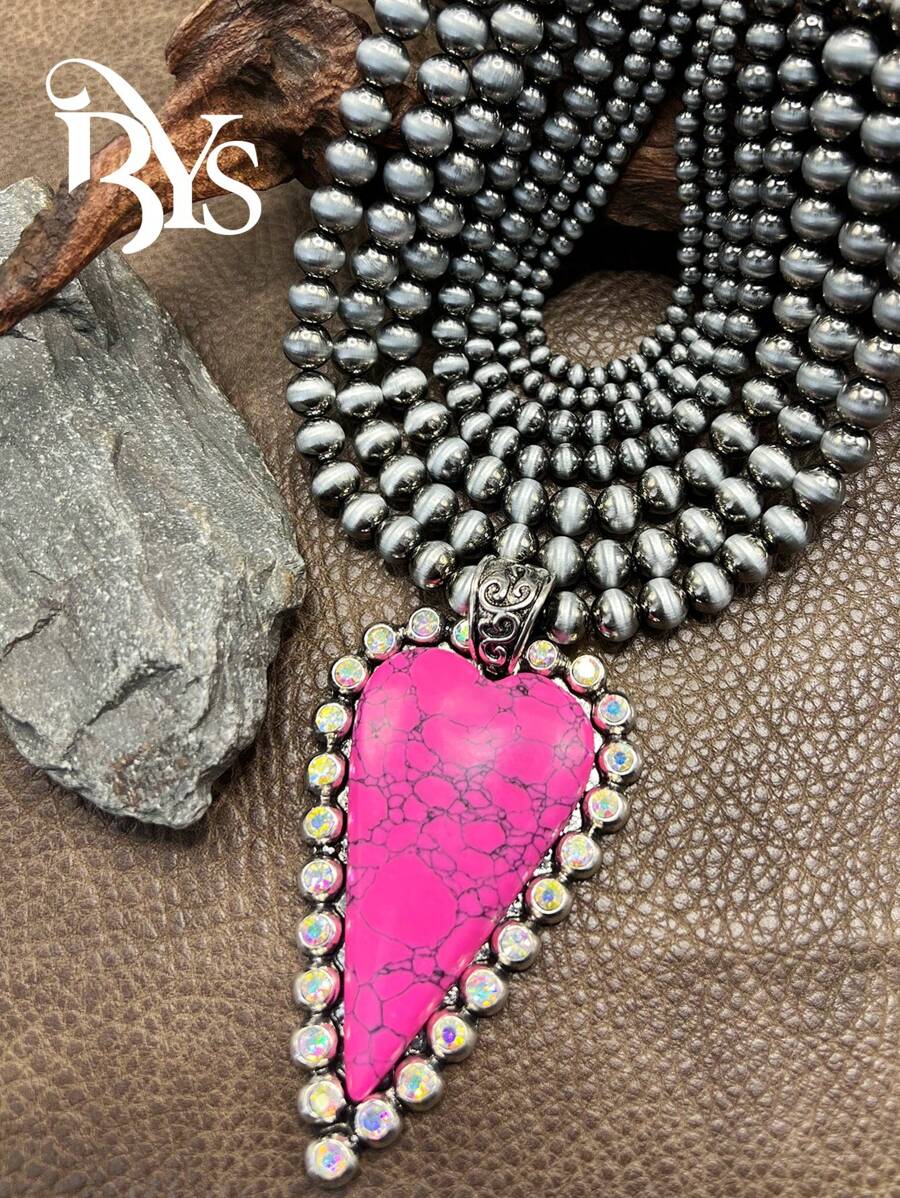 1buc la modă Retro Western Country Style Pink Stone CCB Cu margele În formă de inimă Colier pandantiv, Stil 7 straturi cu margele, potrivit pentru femei și fete pentru a se potrivi cu ținuta de zi cu zi, accesorii de petrecere, bijuterii, cadou pentru familie/prieteni/dvs.