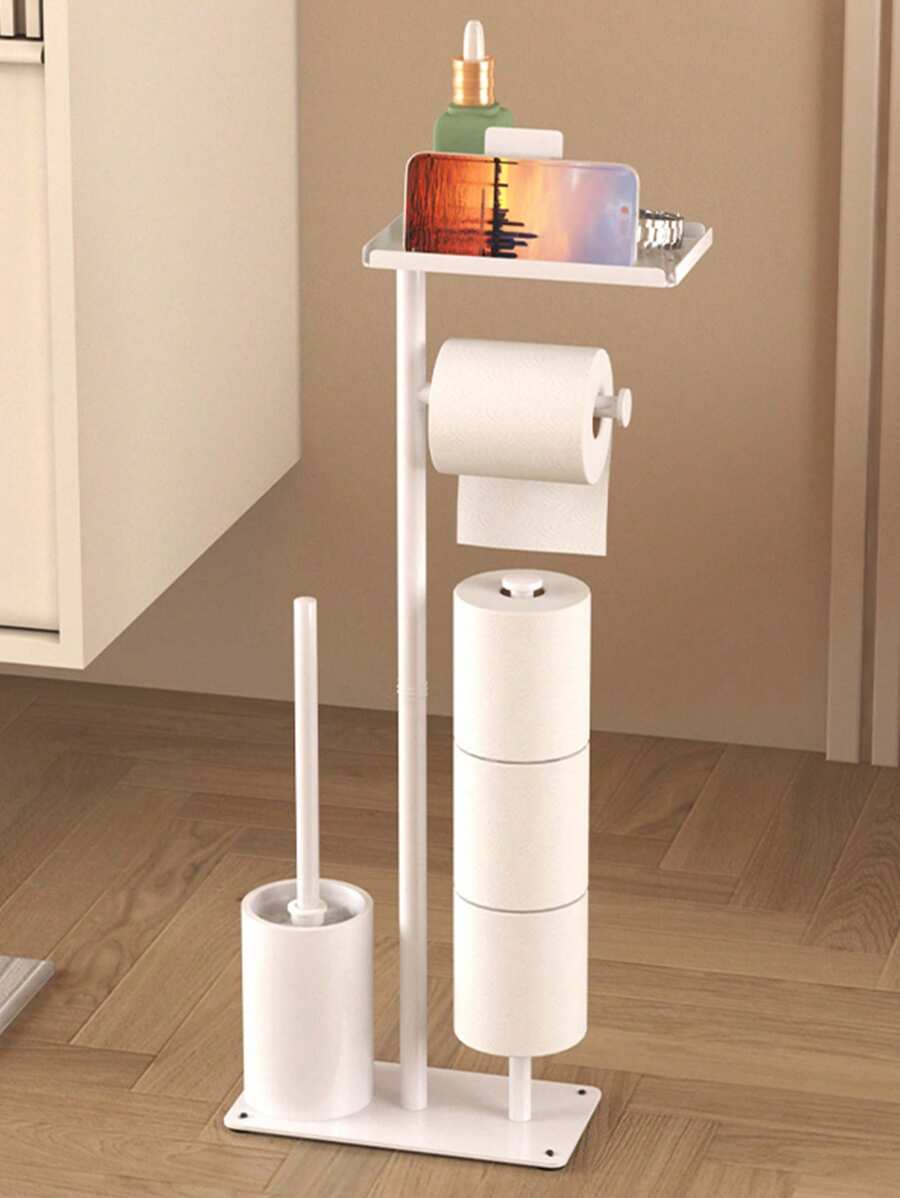 1 pieza Soporte de pie para cepillo de inodoro, Estantería de almacenamiento multifuncional para vehículo recreativo, Portarollos de papel higiénico vertical con estantería de almacenamiento, Estantería de almacenamiento de papel de cocina sin perforación para baño, Estantería de limpieza del piso desmontable con soporte para rollo de papel higiénico