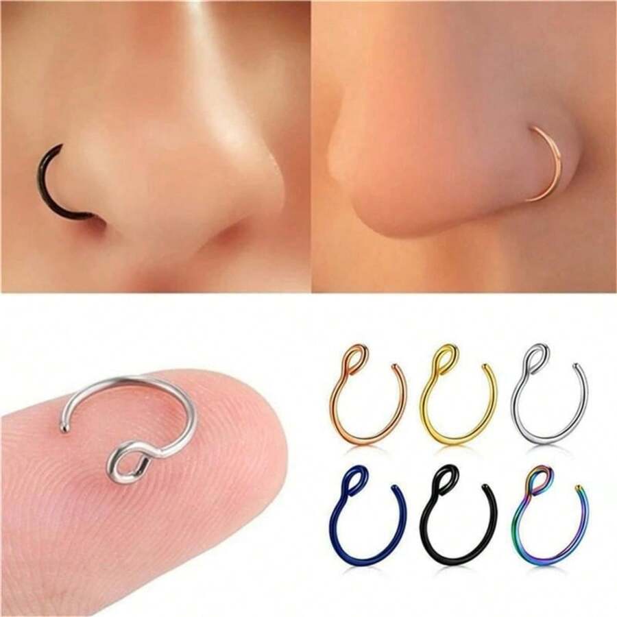 SENLANSP Set de 6 clips/anillos nasales simples de acero inoxidable sin perforación, regalo perfecto de joyería nasal para fiestas y festivales