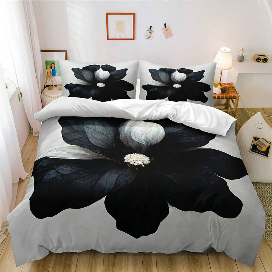 2/3pcs 3D Black Flowers Print Duvet Cover Set White Background Bedding Set Boys And Girls Bedroom Decor (Size 135x200 Only 1 Pillowcase)