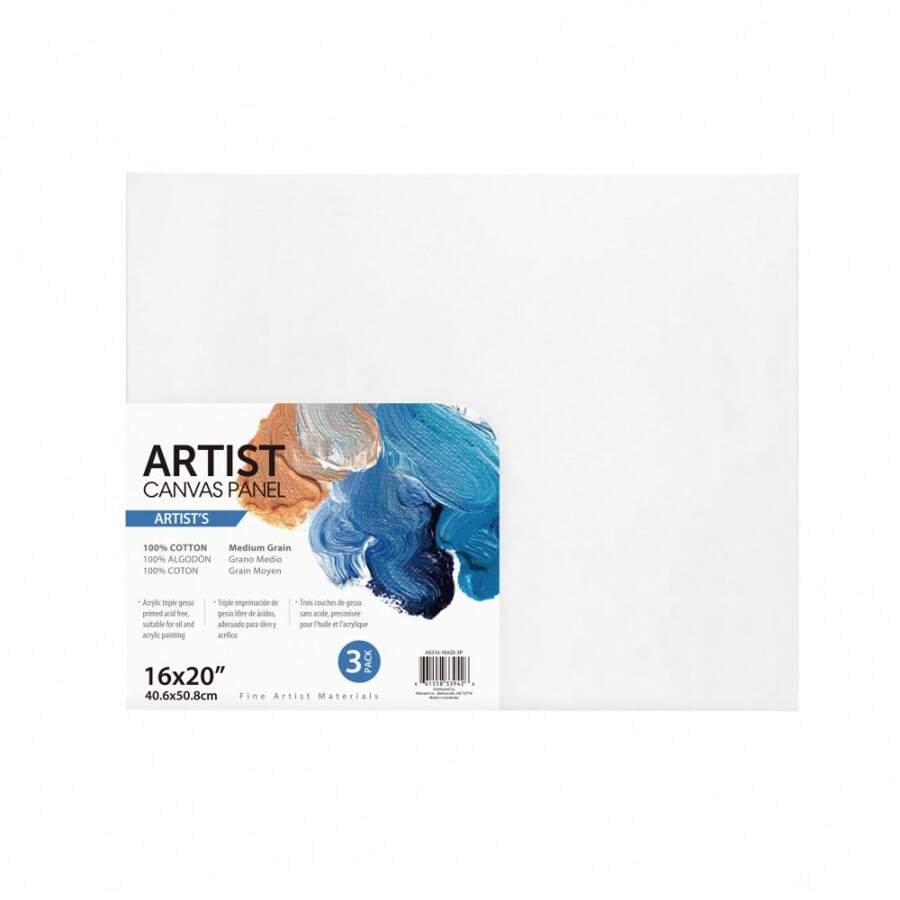 Artist Canvas Panel, 100% Cotton Acid Free White Canvas, 16"X20", 3 Pieces, Deluxe Canvas, Ideal For Art Students, Educators, Artists And Professionals.