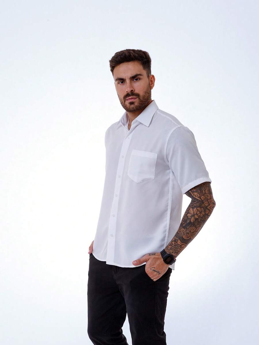 Camisa Masculina Manga Curta com Bolso Blusa Social Masculino Slim Fit Luxo Camiseta